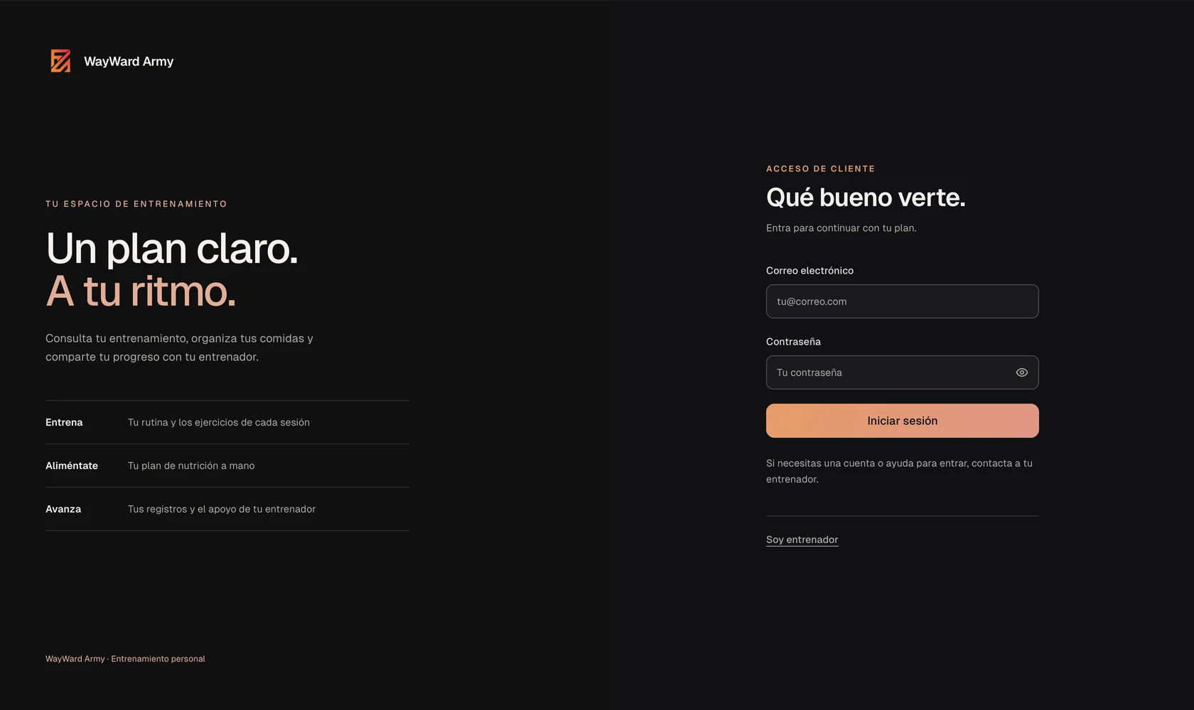 Captura del sitio web de Wayward Army